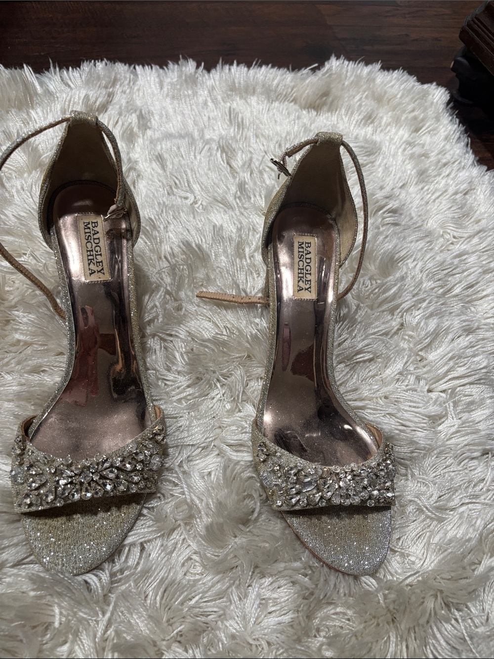 Badgley Mischka Metallic Gold Crystal Strap Heels